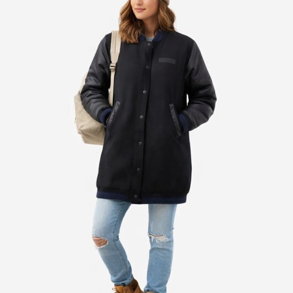 Stussi Black Wool long varsity jacket coat sz XS